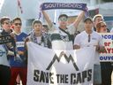 Vancouver Whitecaps supporters rally to keep the team in Vancouver, outside the Vancouver Convention Centre which is hosting the FIFA Congress, in Vancouver, B.C., April 30, 2026.