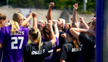 JMU Womens Soccer huddle during its game against Georgia Southern
