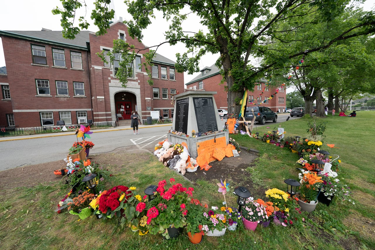 A memorial is seen outside the Residential School in Kamloops, B.C., Sunday, June, 13, 2021.