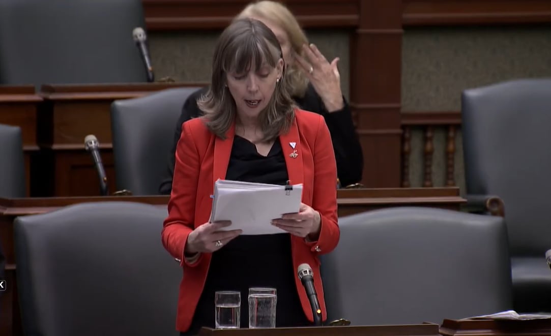Mary-Margaret McMahon, the MPP for Beaches-East York, reads a petition from her residents into the record at Queen's Park March 31. The petition calls on Metrolinx to mitigate the extra noise and vibration that will be caused by its Lakeshore East Li
