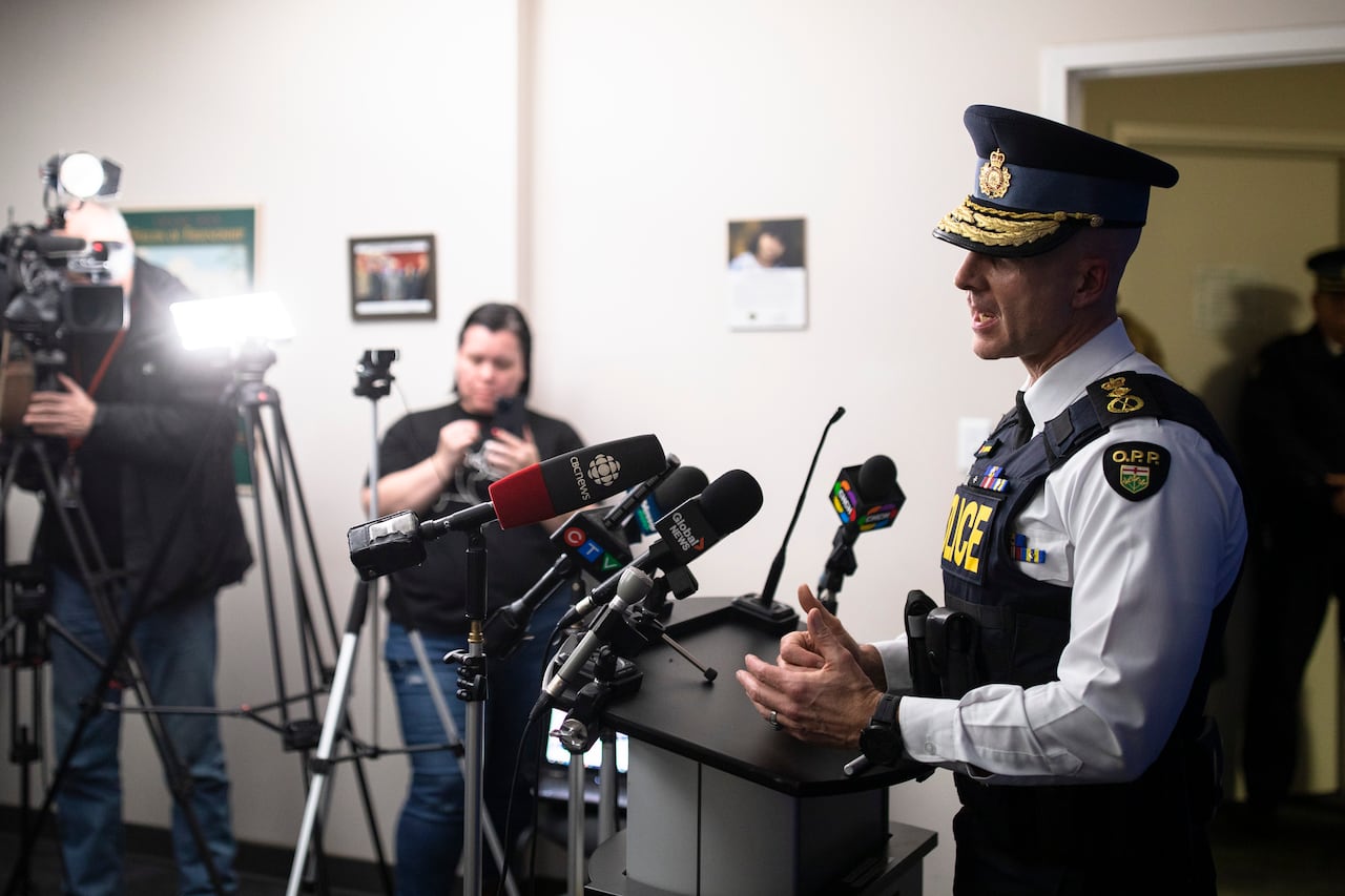 Ontario Provincial Police Commissioner Thomas Carrique speaks to media during a press conference at the Haldimand OPP Detachment in Cayuga, Ont., on Wednesday, December 28, 2022.