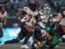 B.C. Lions wide receiver Seven McGee runs the ball during CFL regular season action at Mosaic Stadium in October in Regina.