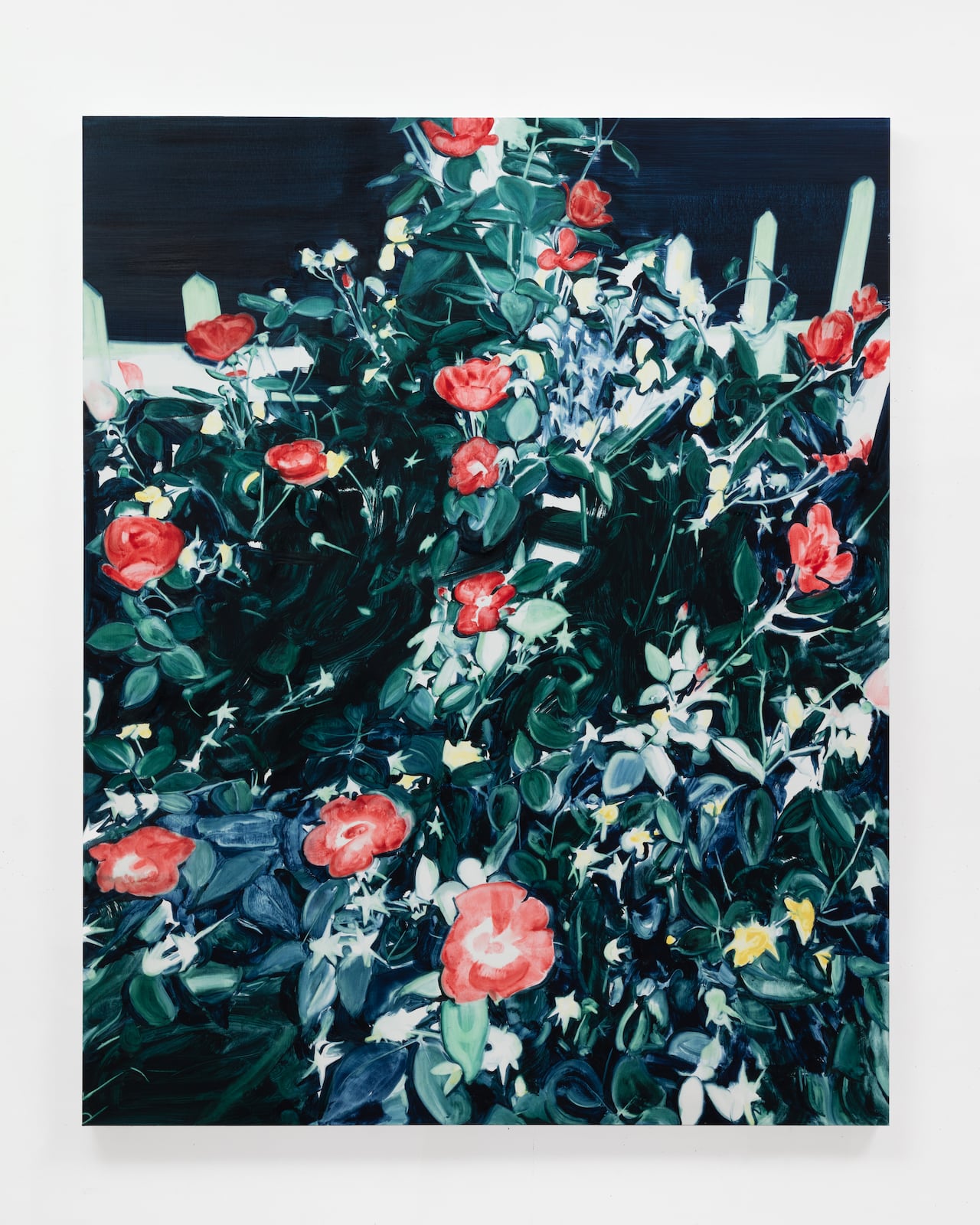 The oil painting shows a nighttime scene with a tangle of green leaves with red flowers against a white picket fence.