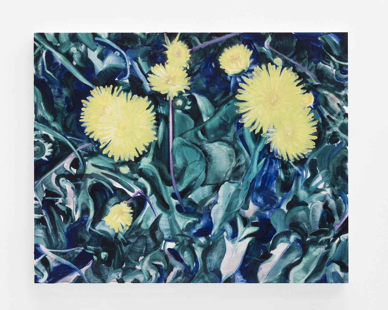 The paintings shows a nighttime scene of yellow dandelions growing amidst the grass.