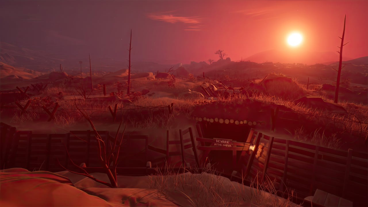 A video game screenshot shows a colorful sunset over First World War trenches