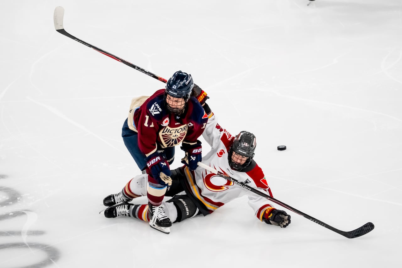 Two players collide during a hockey game.