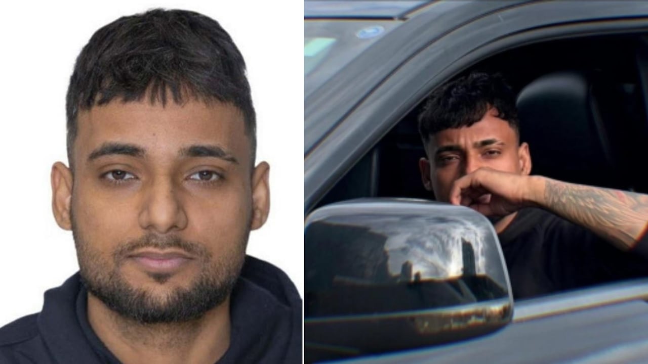 Side by side photos of a mugshot and the same man sitting in a car