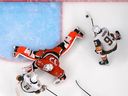 Vegas Golden Knights forward Mitch Marner scores his second of three goals on Anaheim Ducks goaltender Ville Husso during Game 3 of a second-round NHL Stanley Cup playoff series on May 8, 2026, in Anaheim, Calif.