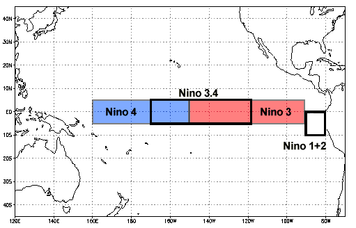 A simple black and white map of the Pacific Ocean with a rectangular box shows different regions where the development of an El Niño or La Niña are monitored.