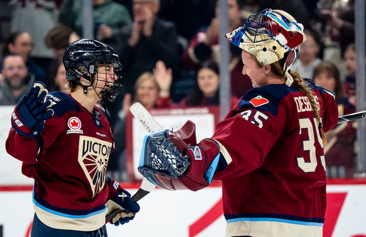 Two hockey players celebrate on the ice.