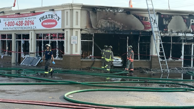 Crews put out 5-alarm blaze after car crashes into Etobicoke fireworks store: Toronto Fire