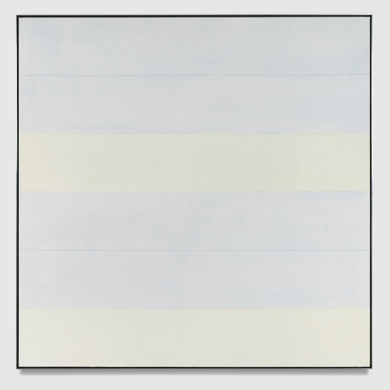 A painting of horizontal bands of ivory, blue and lavender.