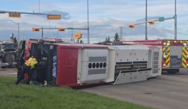 3 taken to hospital after Calgary Transit bus rolls over on impact with semi-truck