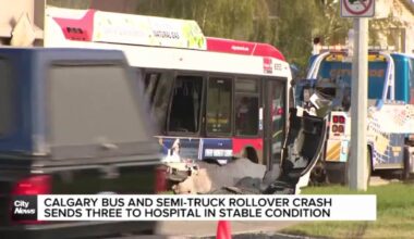 Calgary bus and semi-truck rollover crash sends three to hospital in stable condition