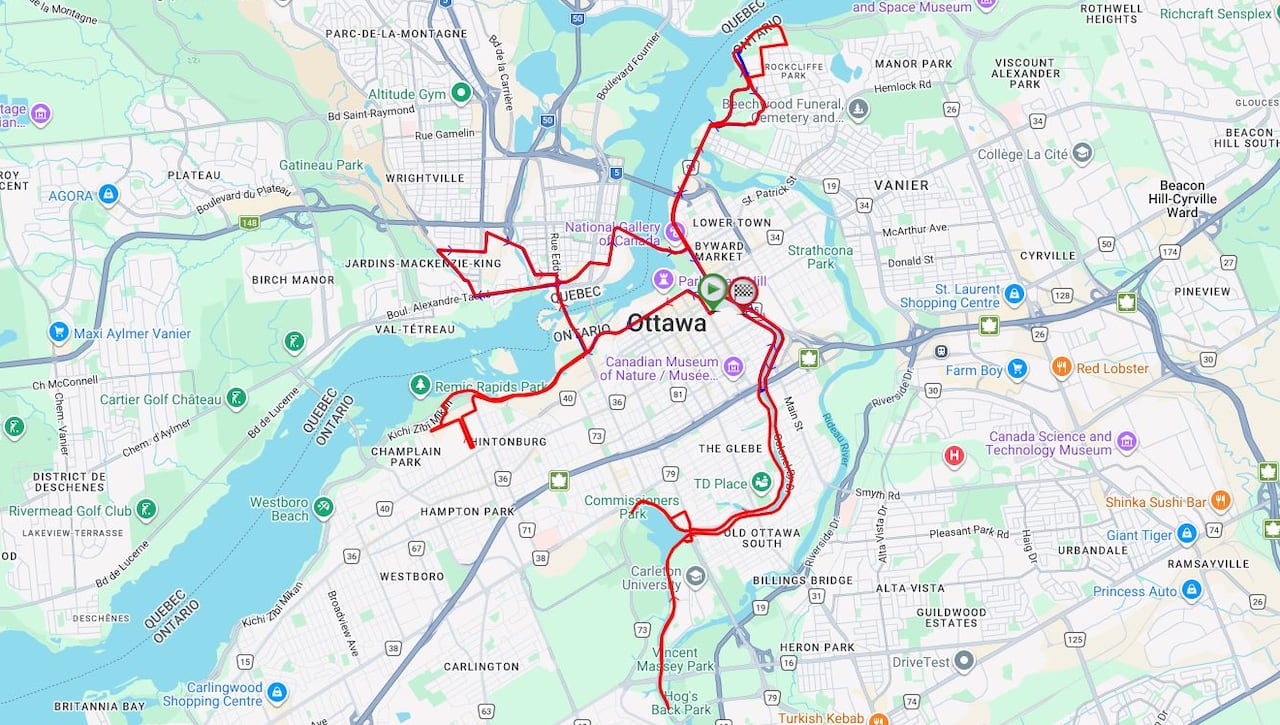 map of race route in downtown Ottawa