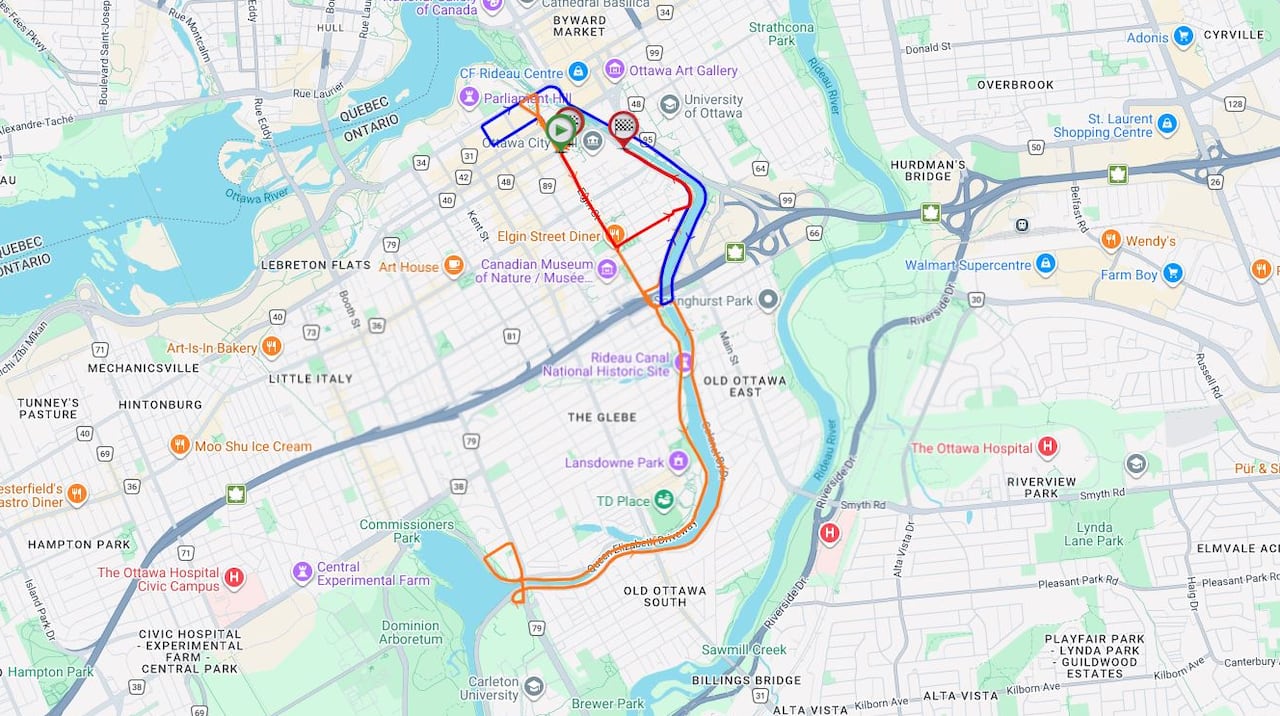 map of race route in downtown Ottawa