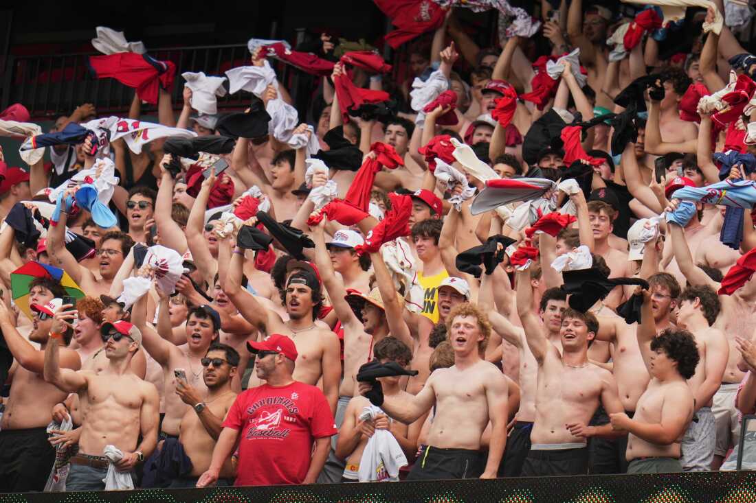 Fans cheer and wave their shirts above their heads during the fifth inning of a baseball game between the St. Louis Cardinals and the Kansas City Royals Saturday, May 16, 2026, in St. Louis.