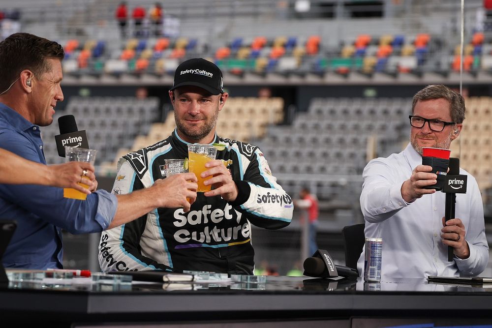 (From L-R) Carl Edwards, Shane van Gisbergen, and Dale Earnhardt Jr. on Prime's post-rac eshow