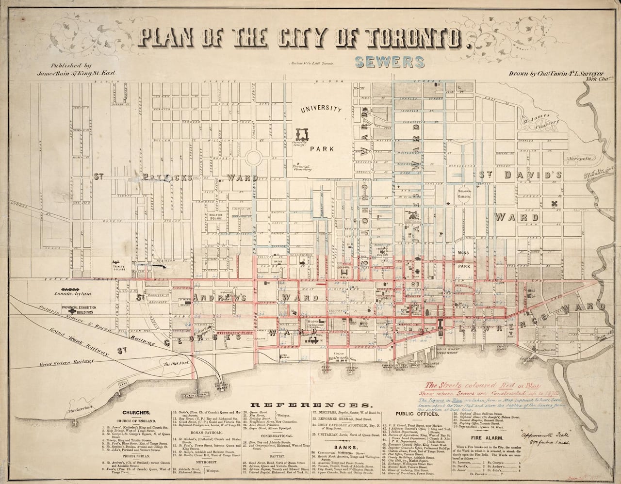 Old grid map of mid-1800s Toronto with coloured lines showing where sewer were laid.