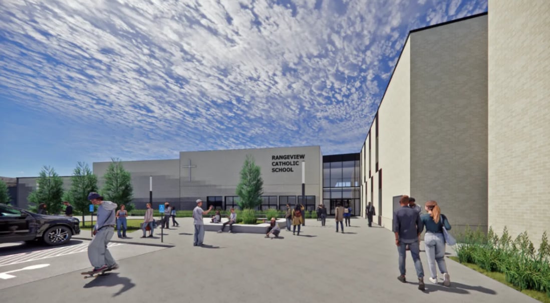 A rendering of students outside of a low building.