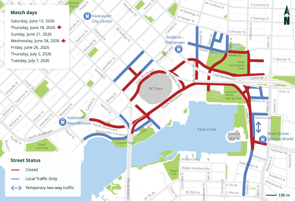 A map with some streets highlighted in red or blue.