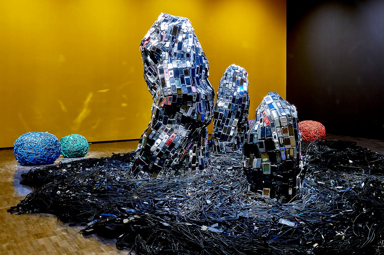 Rock-like structures made of cell phones.