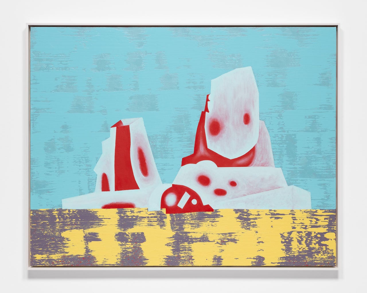 A painting of blue and red mesas on a blue background