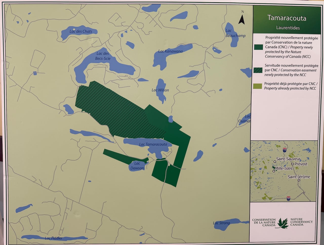A map with dark green coloring indicating which part of the territory will be protected.