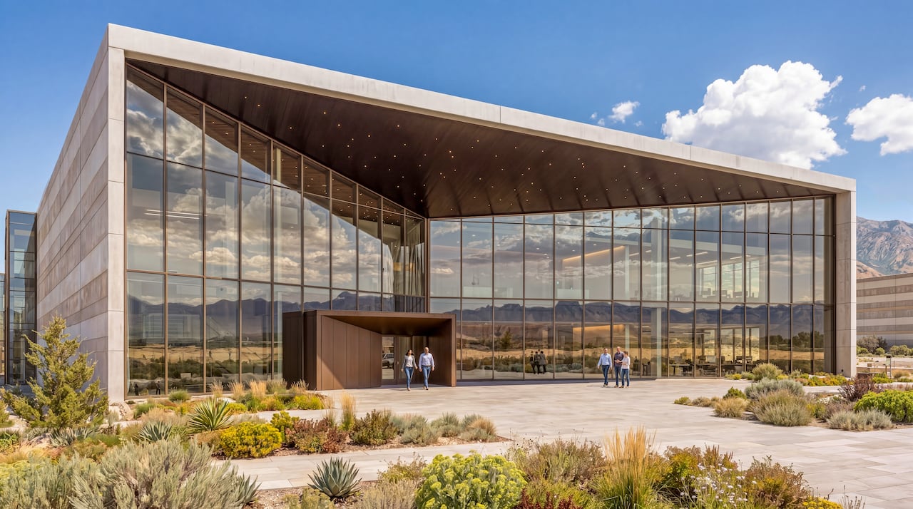 A rendering of a large building with large glass windows in a desert environment.