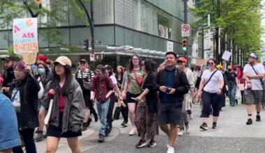 Hundreds march in Downtown Vancouver against proposed AI-data centres