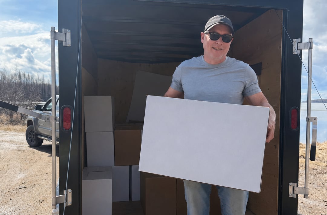 A man carries a white box out of a truck.