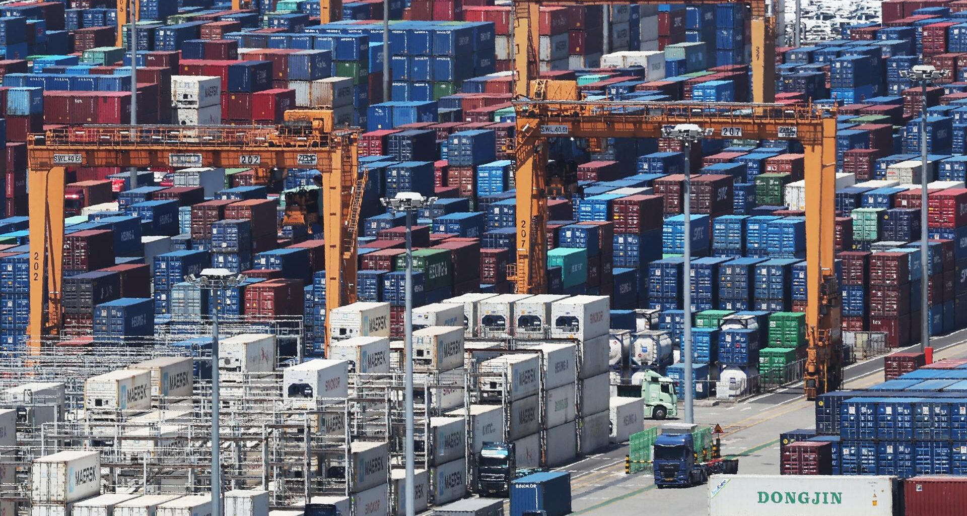 Containers are stacked at a port in Pyeongtaek, Gyeonggi Province, May 8. Yonhap