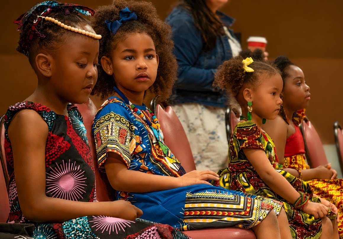 Young girls wearing bright dresses sitting in a row.