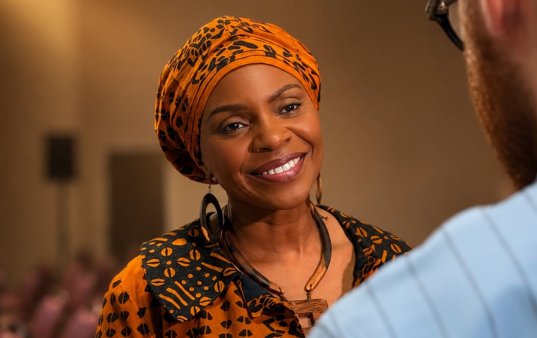 A woman wearing a bright coat with a pattern and matching headwear