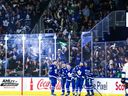 Toronto Marlies players and fans celebrate a goal in the team's 5-2 victory over the Cleveland Monsters in Game 4 of an AHL playoff series on May 22, 2026 at Coca-Cola Coliseum in Toronto.