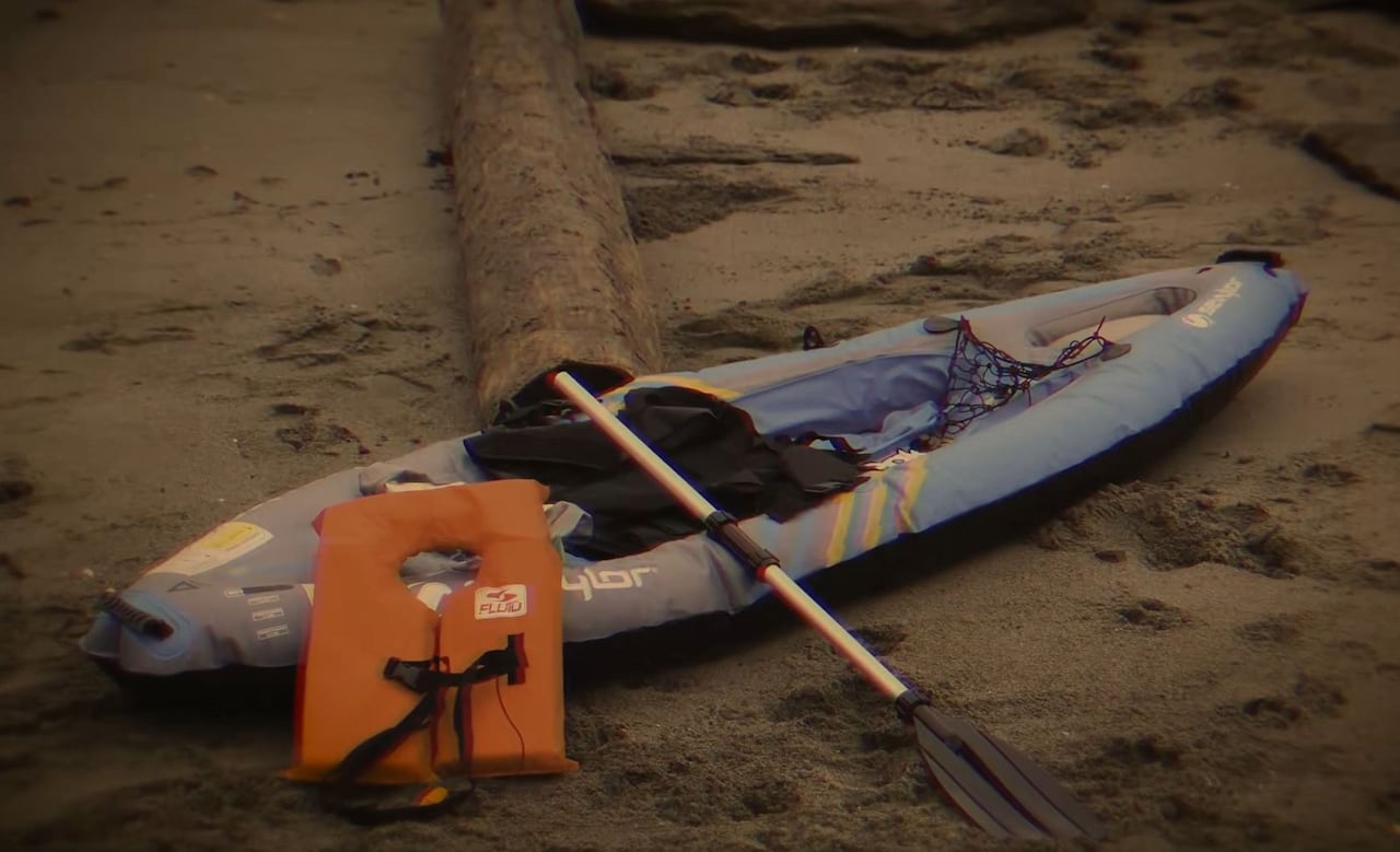 A kayak and lifejacket.
