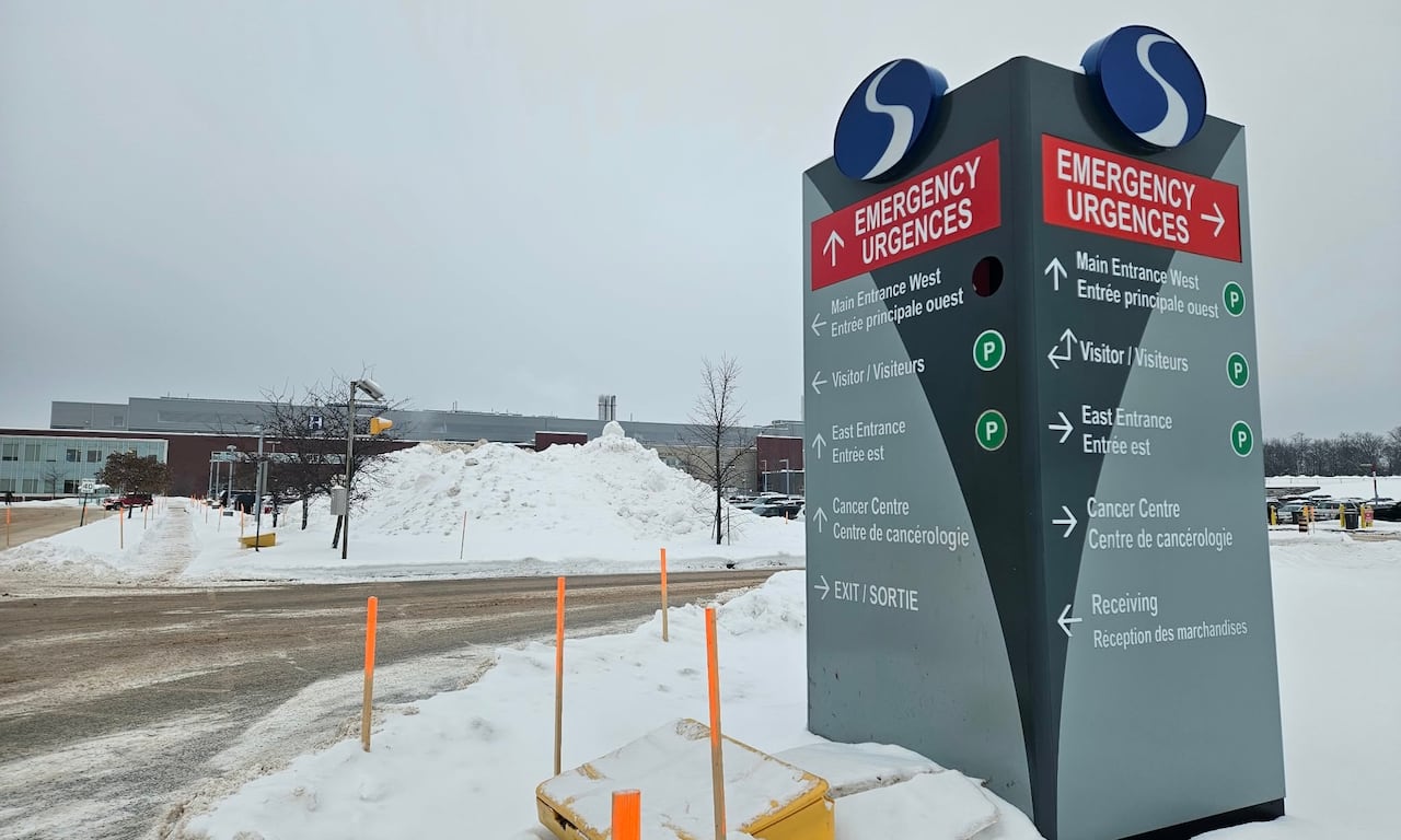 Outside Sault Area Hospital on a snowy day.