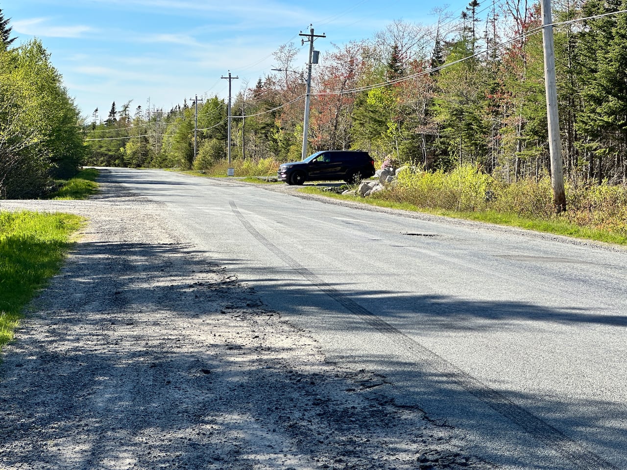 A police car is shown at the edge of a driveway on a gravel road in a rural area.