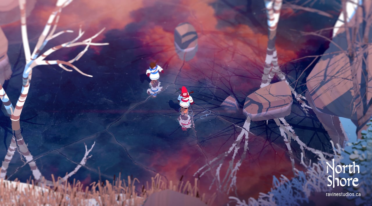 Video game screenshot of two young people wearing parkas skating over a frozen lake.