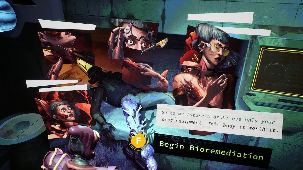 In the background, a lifeless body lies on a bed. Panels superimposed over the scene show a girl with short dark hair undergoing some operation.