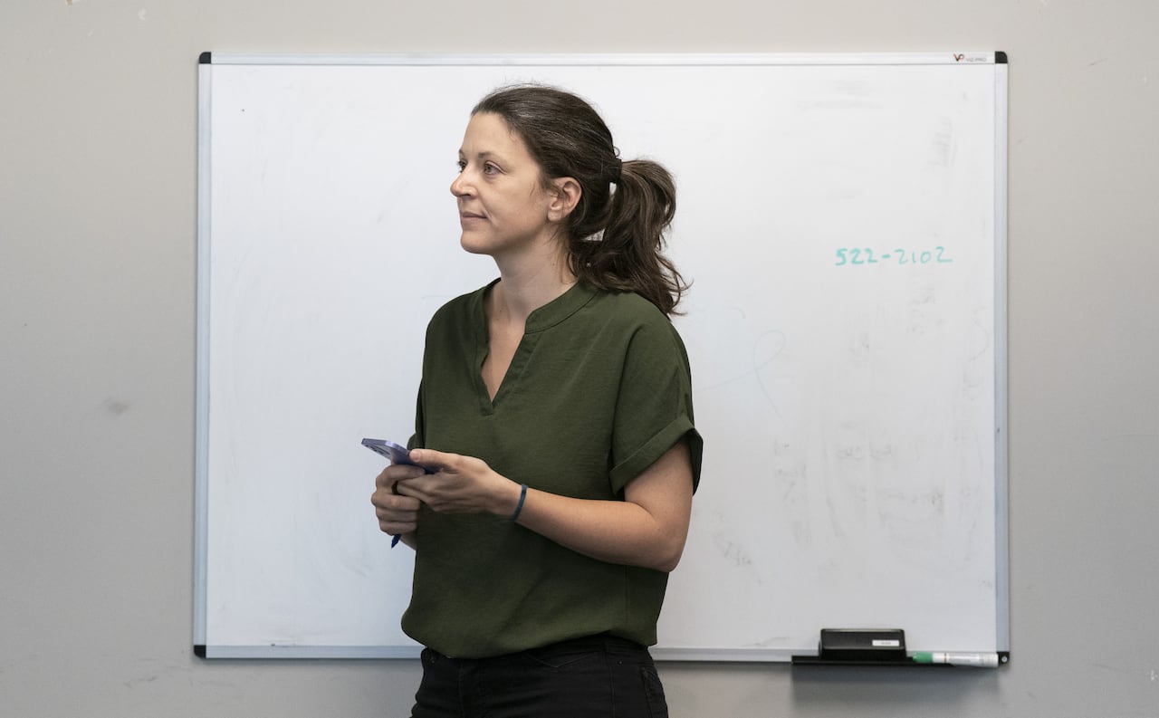 A woman with a ponytail and a green shirt stands in front of a white board.