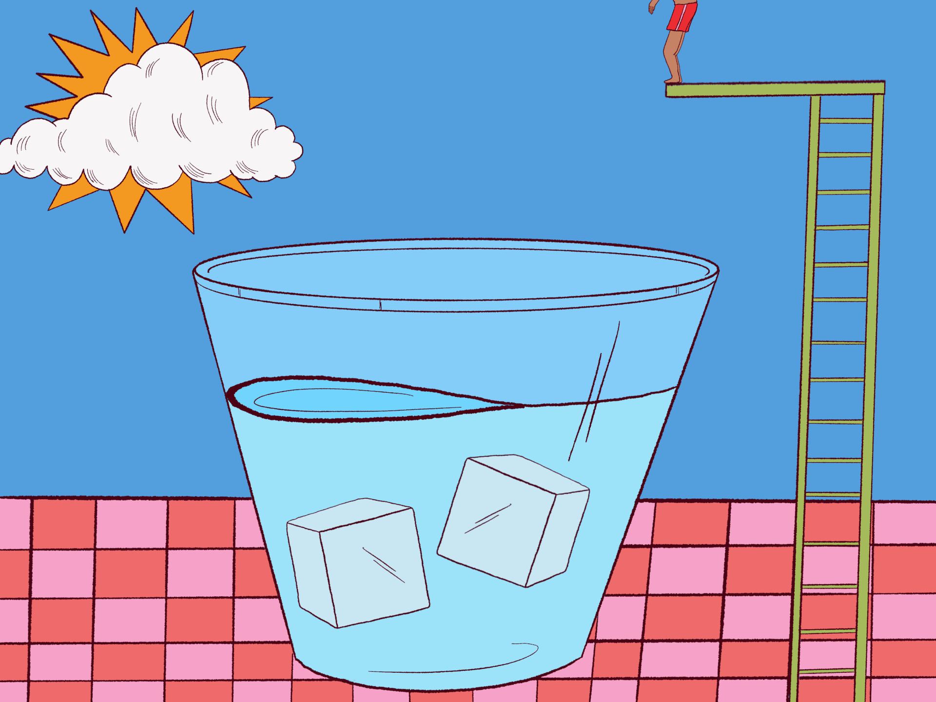 An illustrated gif shows a scene with a larger-than-life cup of ice water standing in for a swimming pool. A person stands at the top of a high dive in red swim trunks and when a cloud moves away from the sun, the person dives into the water. 