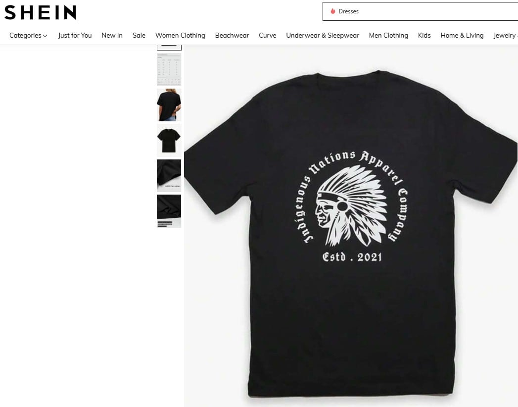 A T-shirt shows a traditional Indigenous chief and headdress