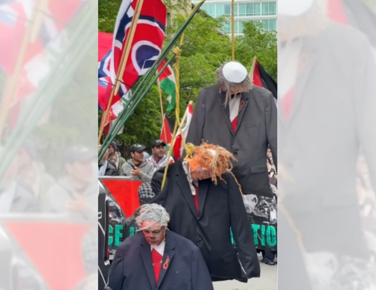 An image from a Montreal rally that shows three figures hanging in effigy. One of them appears to be wearing a kippa.