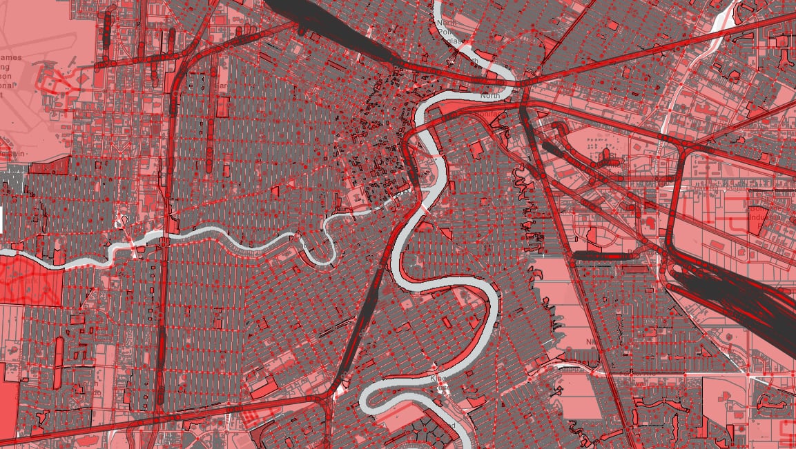 A red map shows roads and waterways.