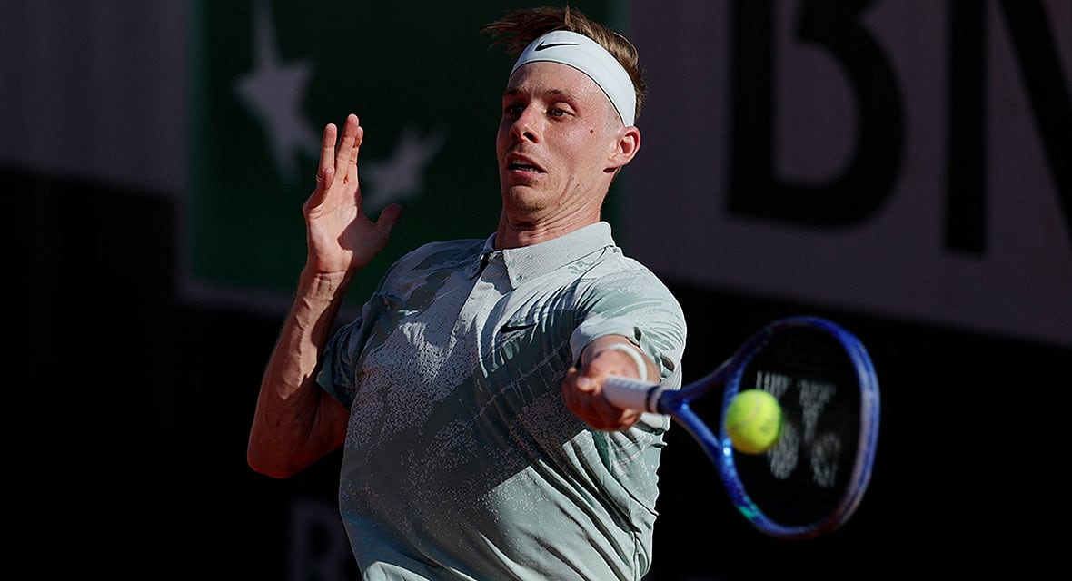 Canadian tennis player Denis Shapovalov in action during his first-round match against Portugal's Jaime Faria on May 26, 2026 in Paris, France.