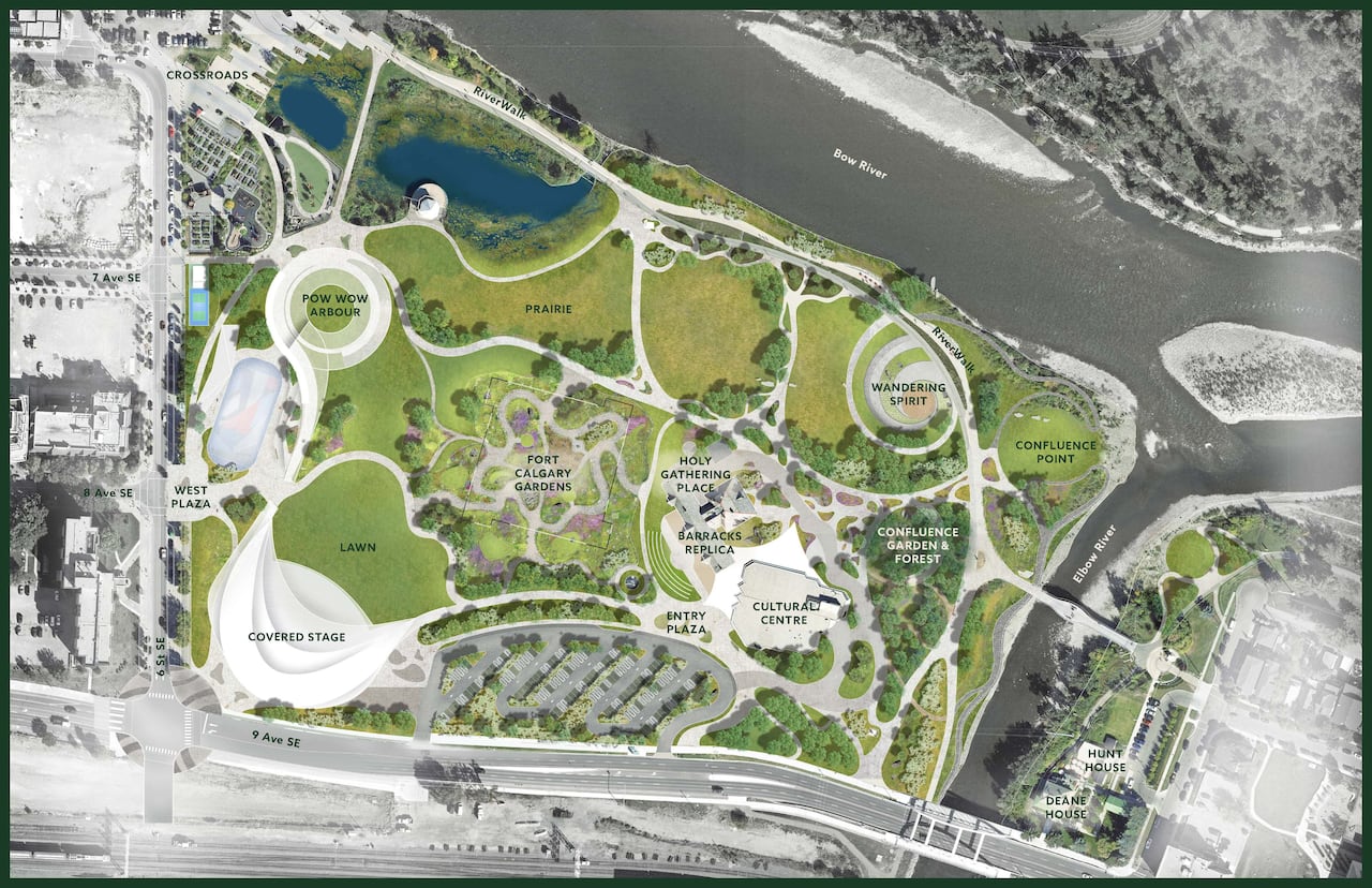 A labelled design plan for a large greenspace