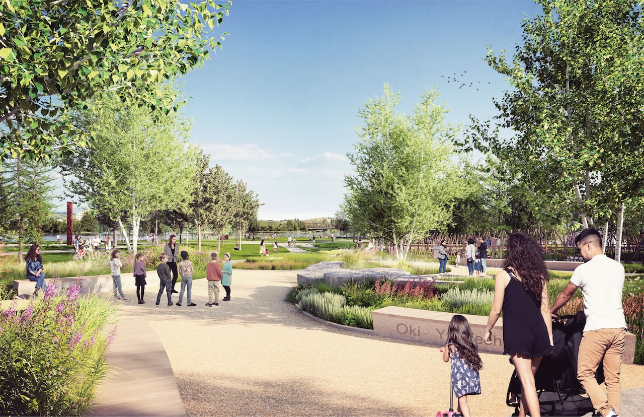 An artist's rendering of families walking through pathways in a greenspace