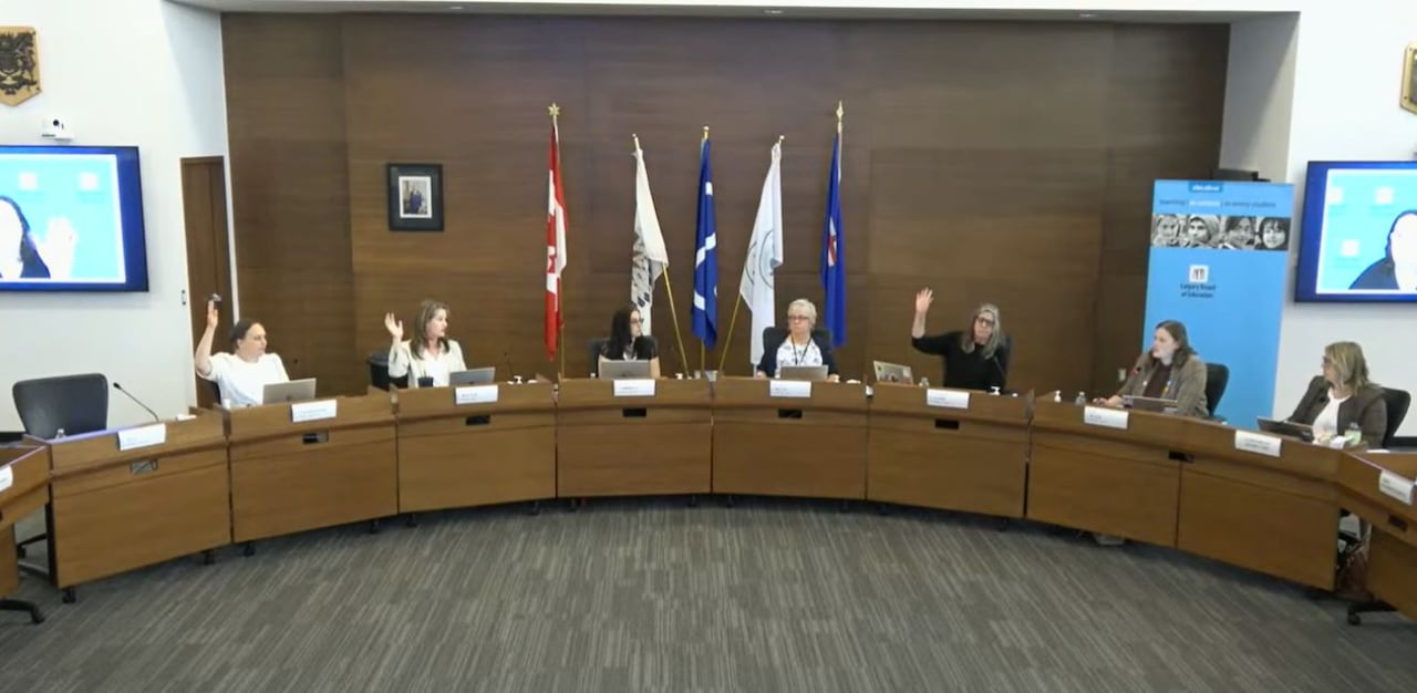 Women sit behind a long desk and several raise their hands to vote.