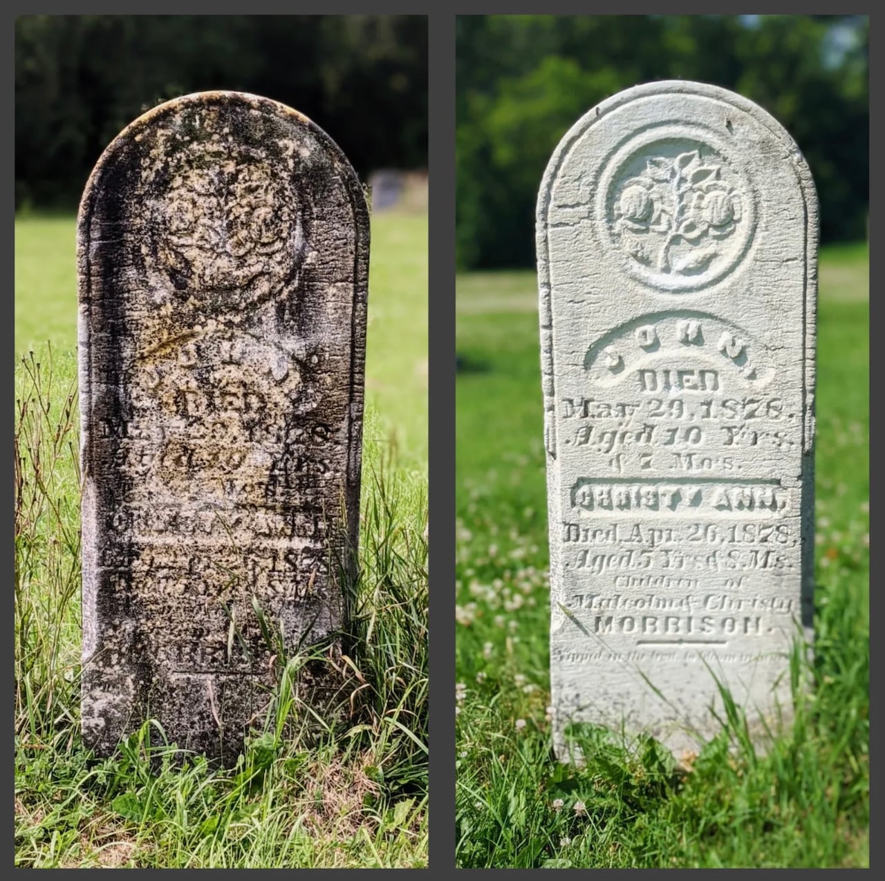 The same gravestone, one black and green and covered in moss, the other white.